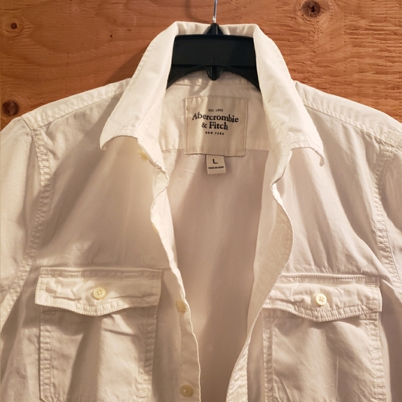 Abercrombie & Fitch Men's Off White Button Down Short Sleeve Pocket Shirt Sz L - Picture 5 of 7